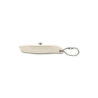 Beige steel mini utility knife with silver hardware on white background