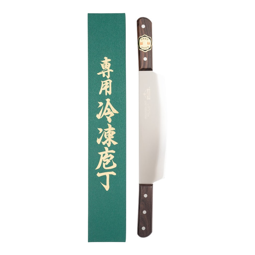 Butterfly knife with wooden handle and green packaging featuring Japanese text on a white background