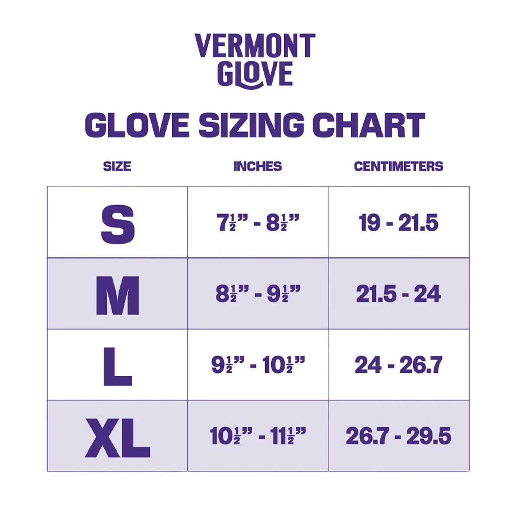 Size chart for Vermonter Worker Gloves for sizes small through extra-large.