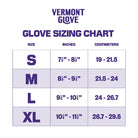 Size chart for Vermonter Worker Gloves for sizes small through extra-large.