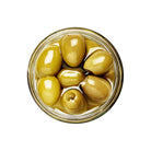 Jar of green olives on a white background