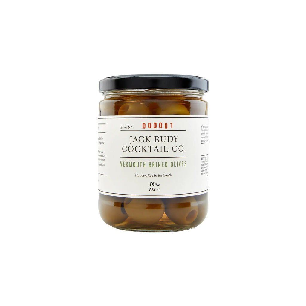 Jar of Jack Rudy Cocktail Co. vermouth brined olives on a white background