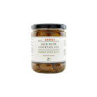 Jar of Jack Rudy Cocktail Co. vermouth brined olives on a white background
