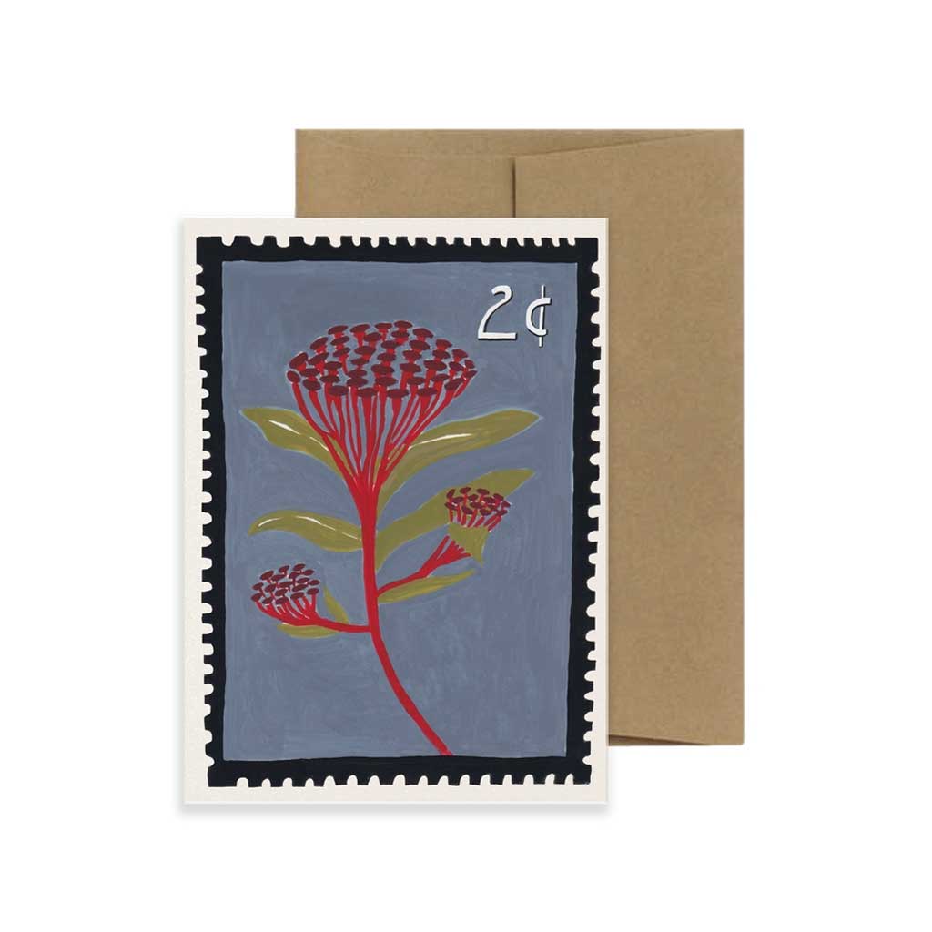 Greeting card with a floral design resembling a postage stamp with the text two cents