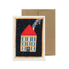 Greeting card with a house illustration on a postage stamp design with the text two cents