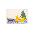 Illustration of an adult, child and dog standing on beach looking out at water