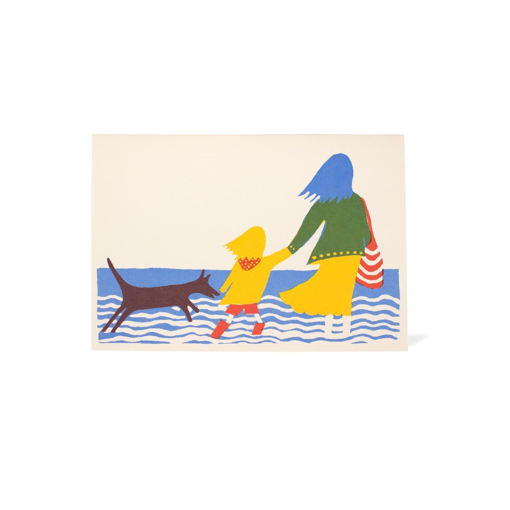 Illustration of an adult, child and dog standing on beach looking out at water