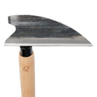 Gardening hoe tool with a wooden handle and carbon steel blade on a white background