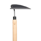Gardening hoe tool with a wooden handle and carbon steel blade on a white background