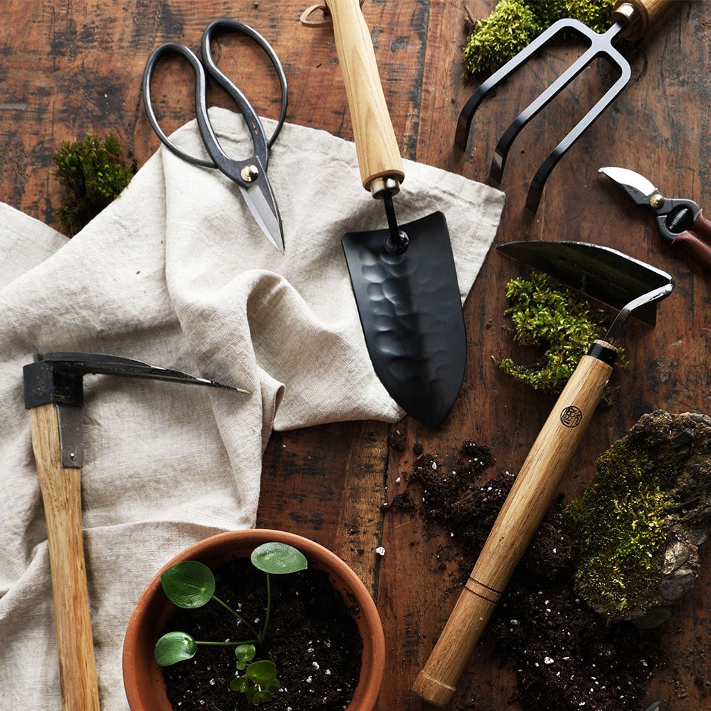 Gardening tools including a trowel, fork, and pruners on a wooden surface with plants.