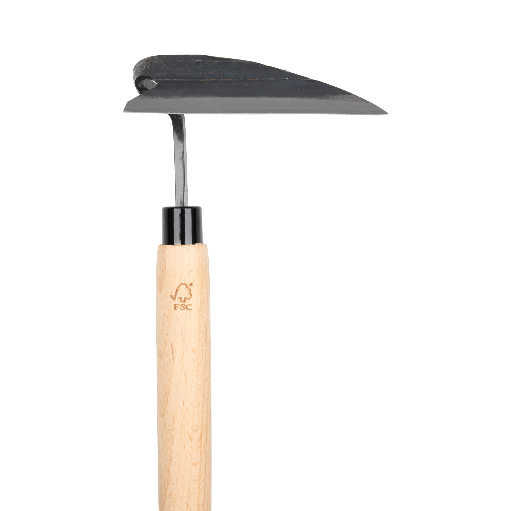 Gardening hoe tool with a wooden handle and carbon steel blade on a white background