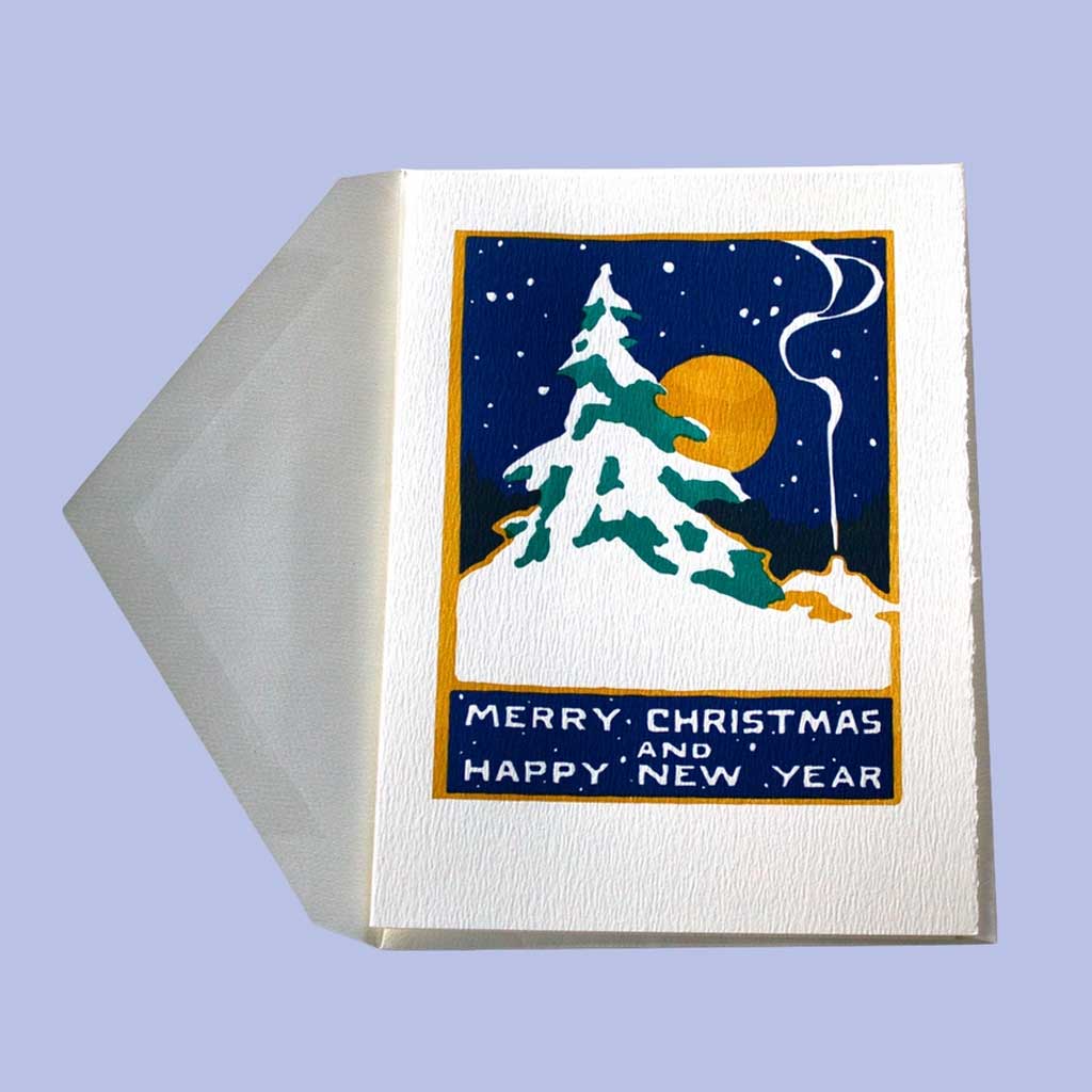 Christmas card with snowy tree design and 'Merry Christmas and Happy New Year' text on a purple background