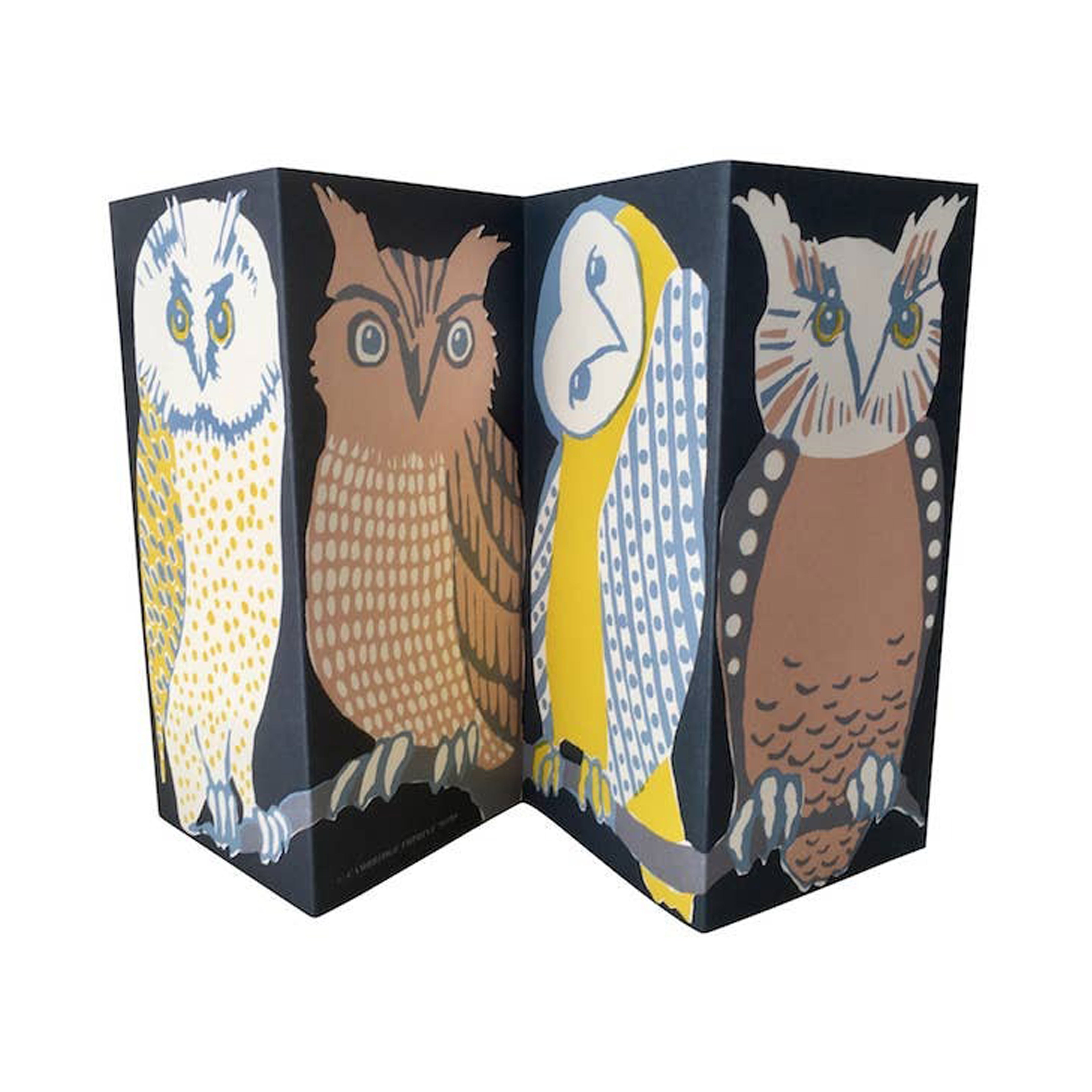 an extended card featuring four owls in different colors