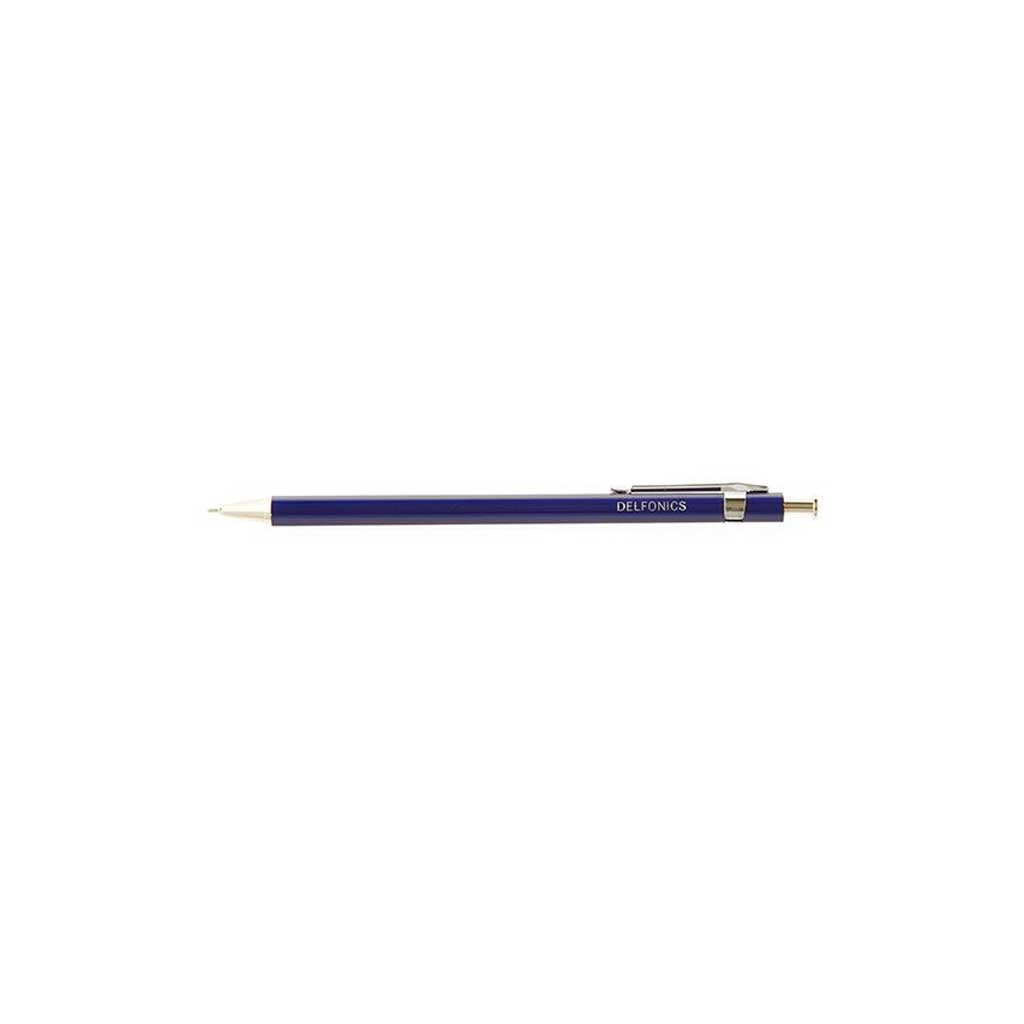 Blue pen with silver accents on a white background