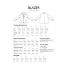 Blazer pattern guide with measurements, fabric requirements, and size chart on a white background