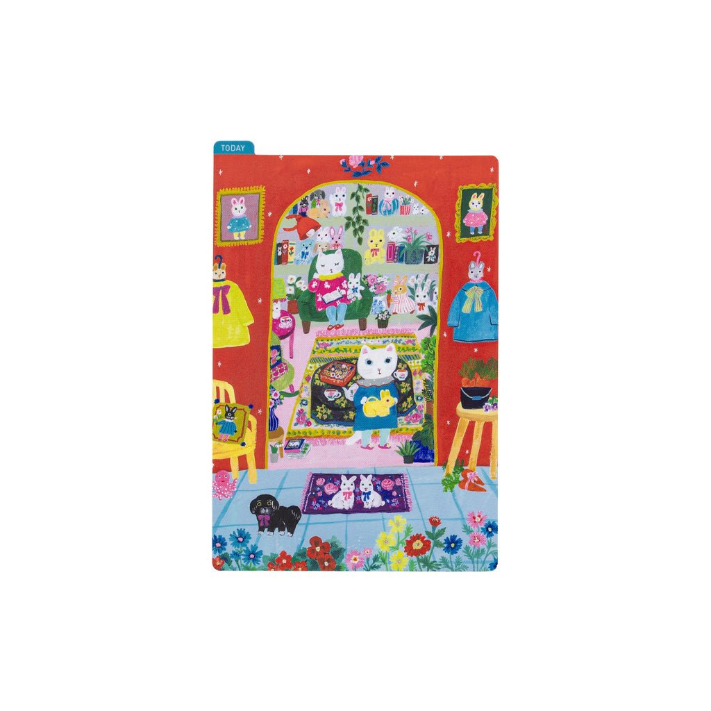 A colorful pencil board with playful cat illustrations on white background