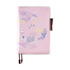 Yuri Sanae clear cover on cover with pastel floral designs on top of light pink A5 Hobonichi Techo cover