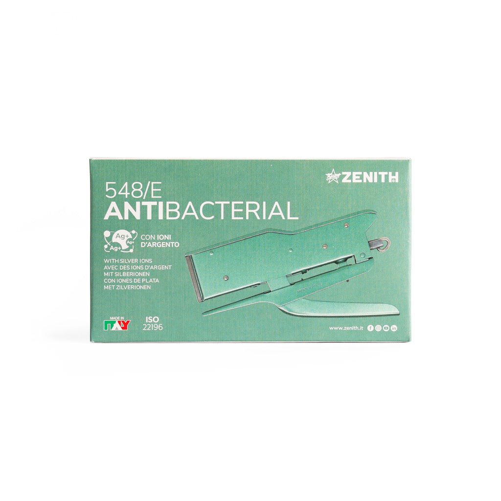 Green packaging of green antibacterial handheld zenith stapler on white background