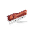 Handheld Zenith 590 stapler with transparent red body and white base on a white background