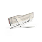 Handheld Zenith 590 stapler with transparent body and metal base on a white background