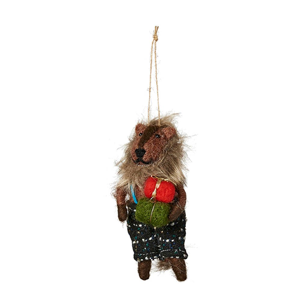 Christmas Party Animal Holiday Ornament Lion with Gifts   at Boston General Store