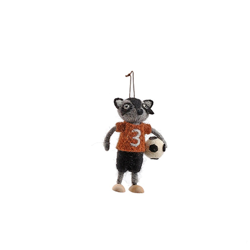 Felted Sports Animal Ornament Soccer Racoon   at Boston General Store
