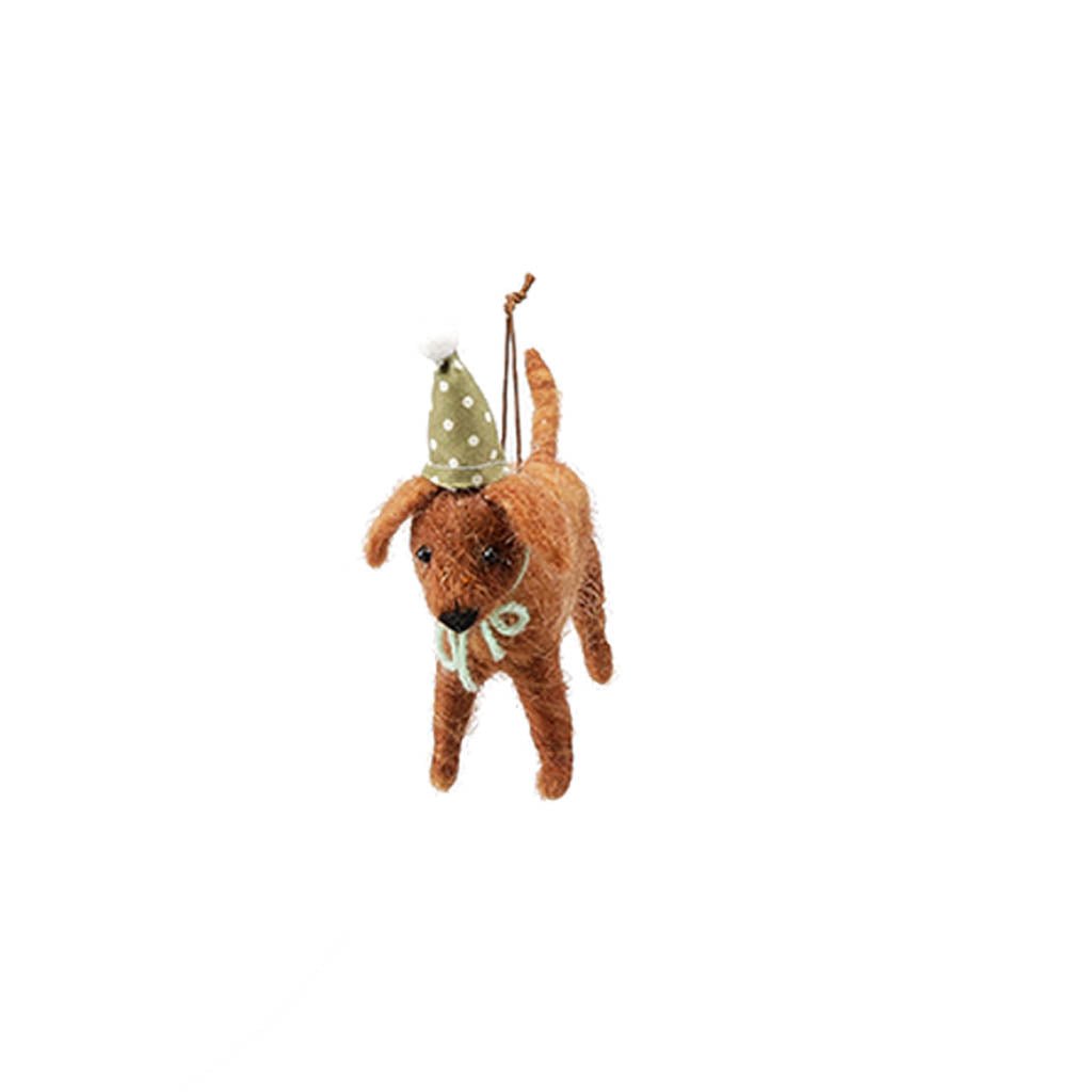 Party Dog Holiday Ornament Brown Dog + Green Hat   at Boston General Store